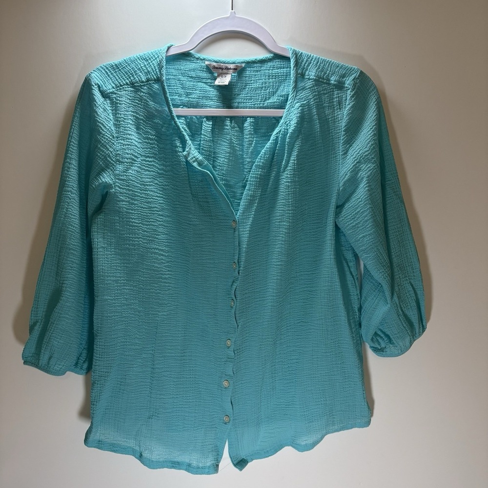 Tommy Bahama Turquoise Gauze Shirt Size Small Bohemian Resort Vacation Coastal